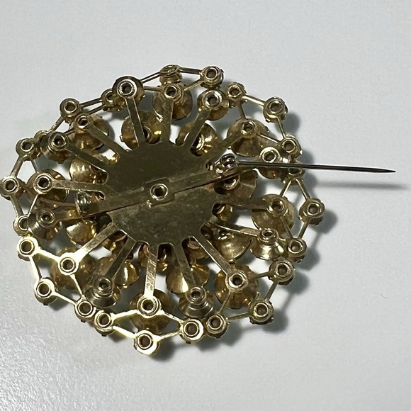 MCM Blue Aurora Borealis Rhinestone Statement Brooch Pin Gold Tone 2‎ 1/4" - Picture 6 of 7